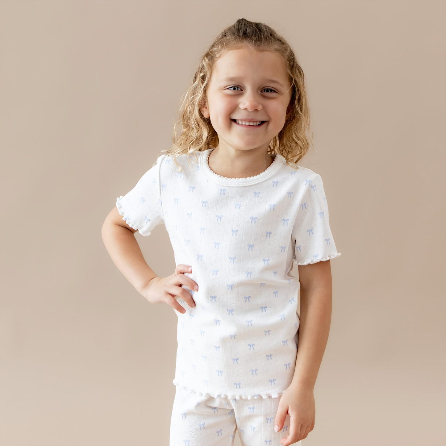 Pointelle Short Sleeve Set in Sweet Blue Bow