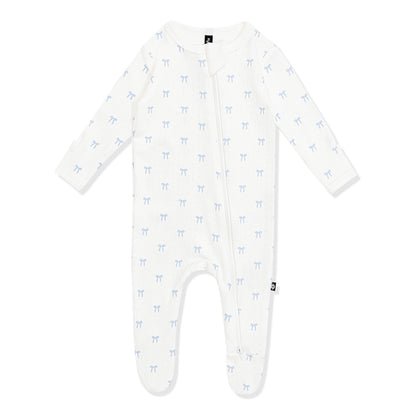 Pointelle Zippered Footie in Sweet Blue Bow