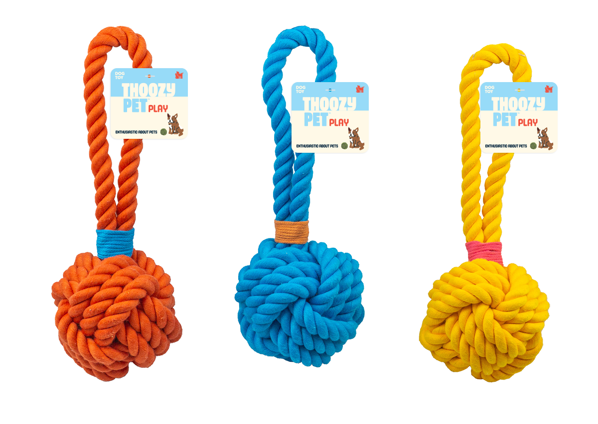 Pet Palette Distribution - ThoozyPet Ball Tug Rope Dog Toy with Handle Yellow 5"