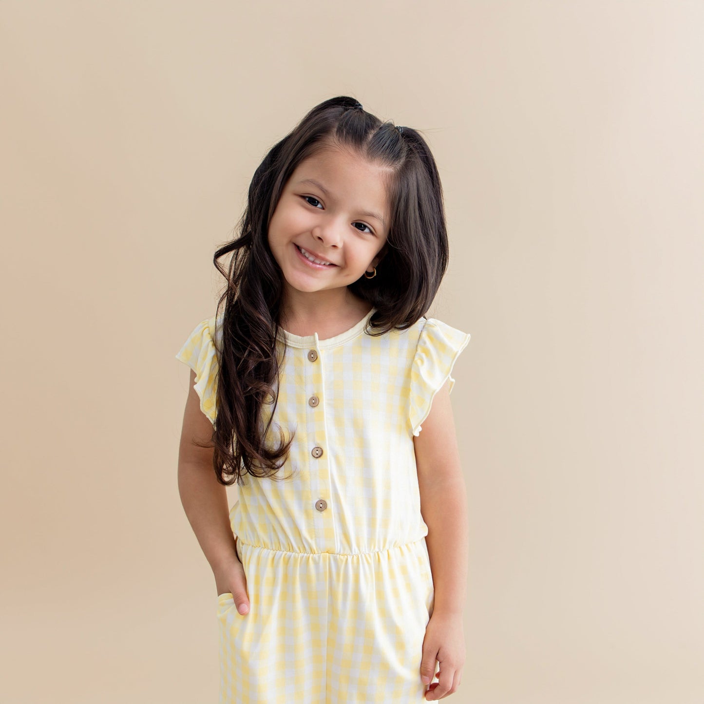 Flutter Sleeve Romper in Gingham Chamomile