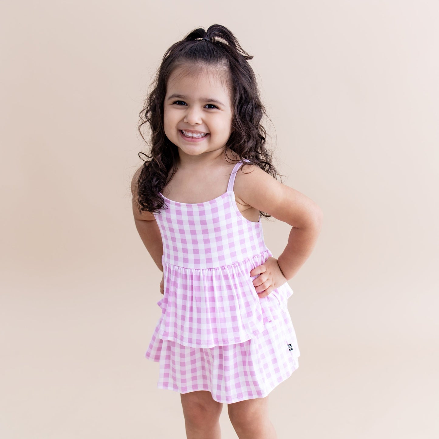 Spaghetti Strap Ruffle Romper in Gingham Thistle
