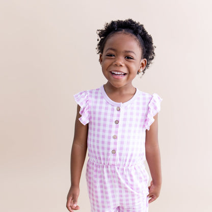 Flutter Sleeve Romper in Gingham Thistle