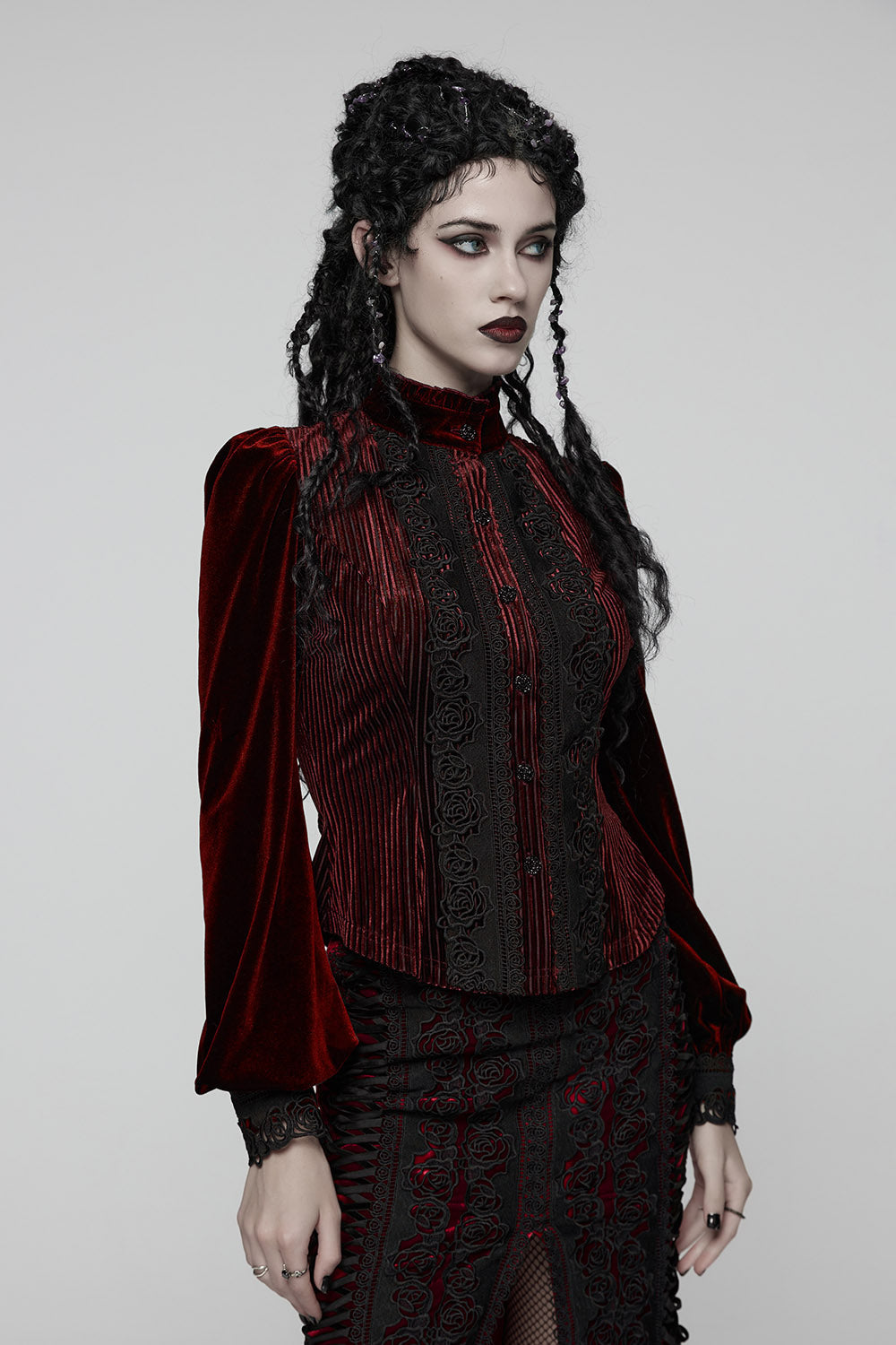 Crimson Bloom Embroidered Button-Up Top [Red]