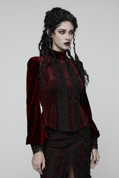 Crimson Bloom Embroidered Button-Up Top [Red]